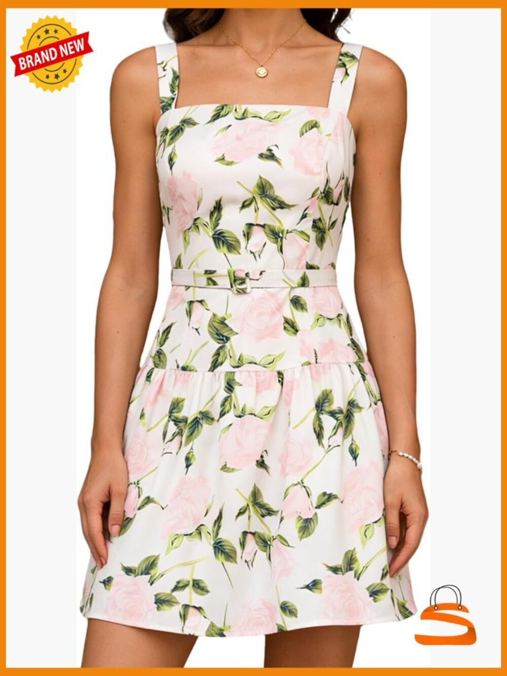 Womens Floral Square Neck Sleeveless A-Line Mini Sundress